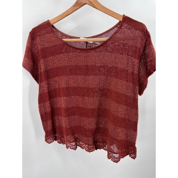 Lush Womens Medium Brown Striped Top Round-Neck Short Sleeves Lace Hem - Picture 1 of 6